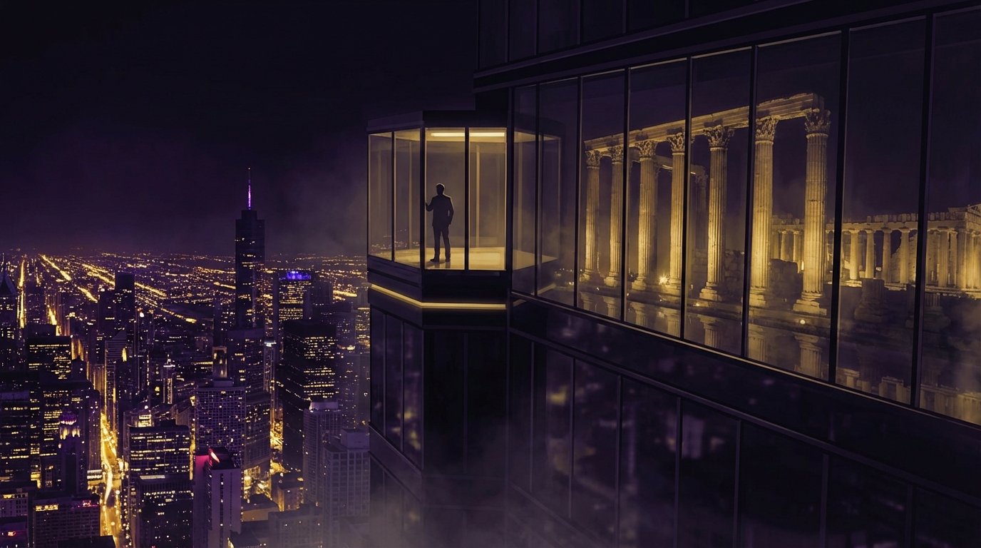 Rascacielos moderno reflejando columnas griegas representando el estoicismo moderno