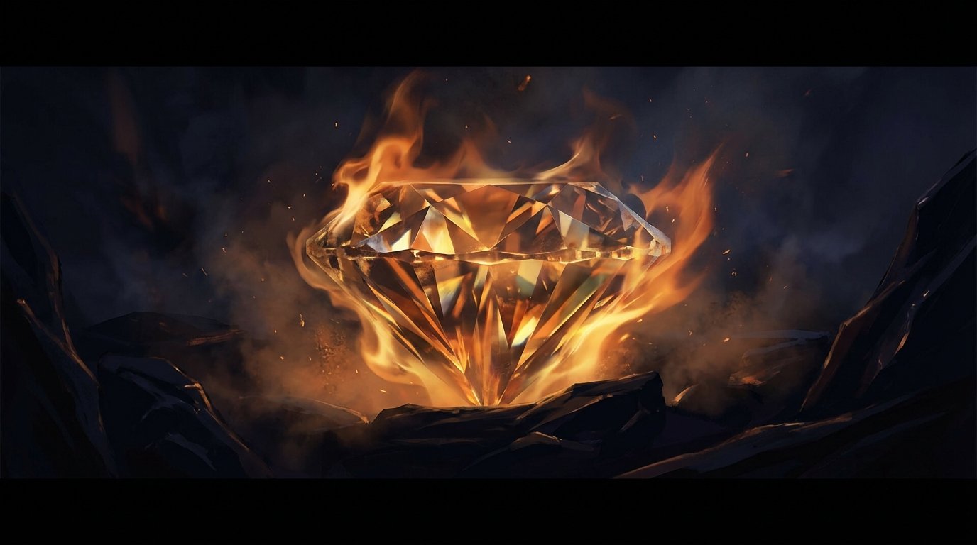 Diamante forjándose en fuego dorado representando las características del estoicismo