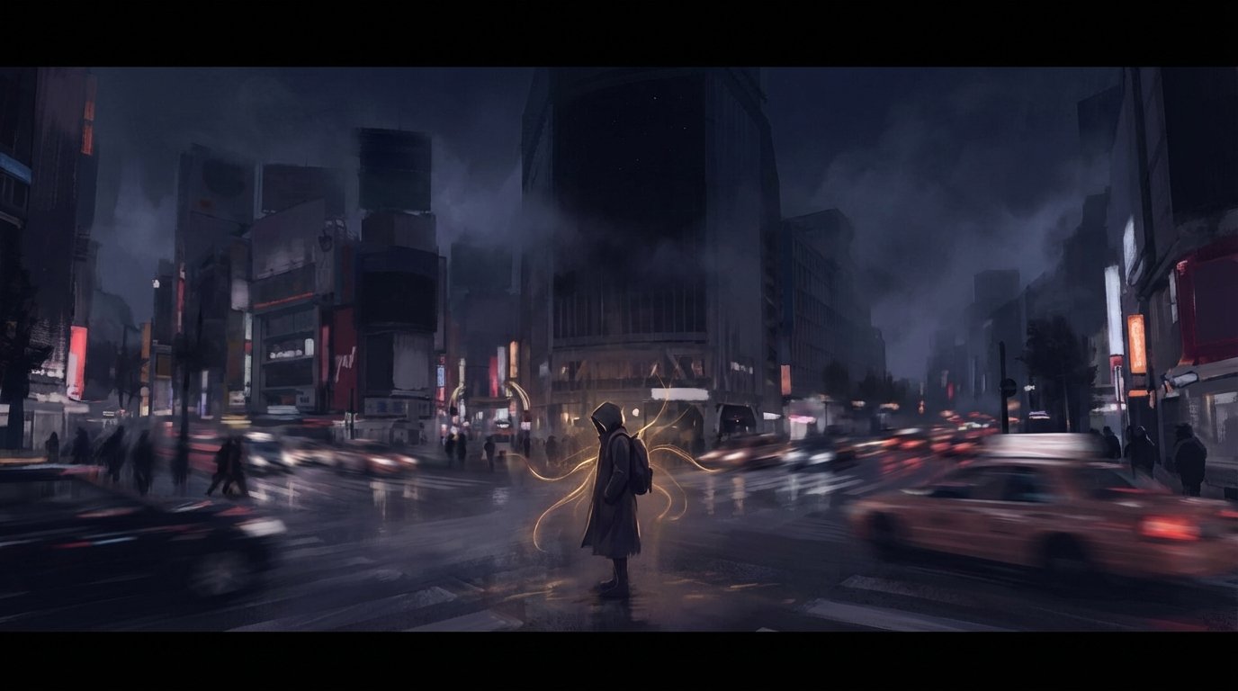 Persona serena en medio del caos urbano representando la calma estoica