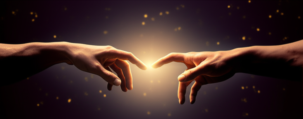 Dos manos entrelazadas con luz dorada simbolizando el amor estoico