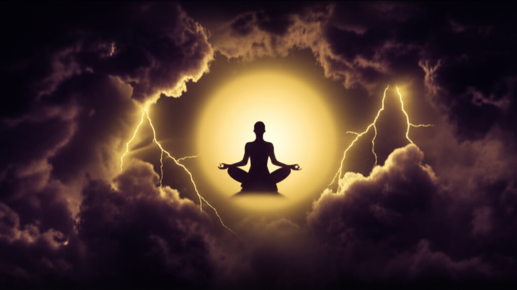 Persona encontrando calma interior entre el caos representaci&oacute;n art&iacute;stica estoica