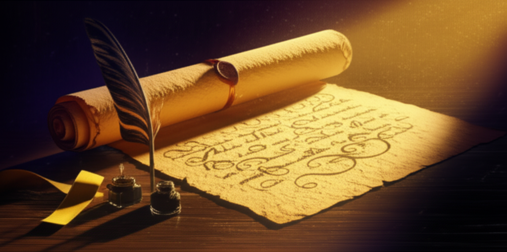 Antiguo pergamino con escritura dorada sobre fondo oscuro frases estoicas