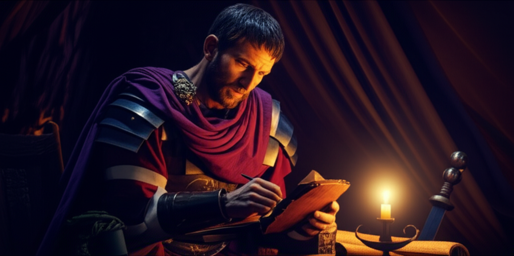 Marco Aurelio emperador romano escribiendo sus Meditaciones con luz dorada