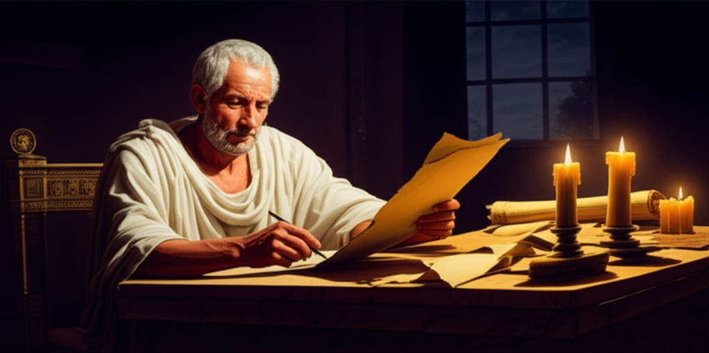 S&eacute;neca fil&oacute;sofo romano escribiendo cartas con pluma y pergamino