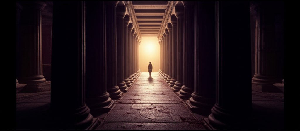 Camino iluminado con luz dorada entre columnas antiguas simbolizando el viaje de la vida