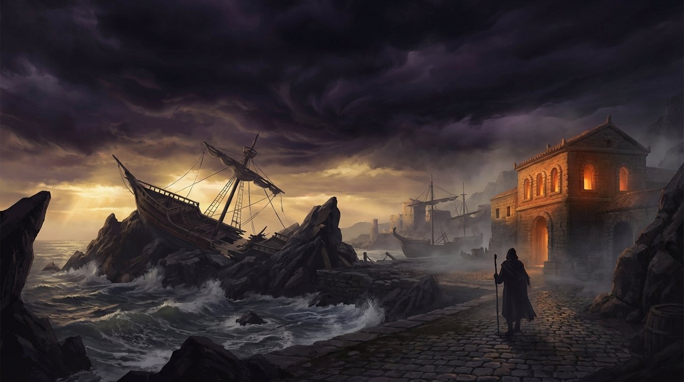 Puerto griego antiguo con un naufragio y una librería iluminada representando el origen del estoicismo