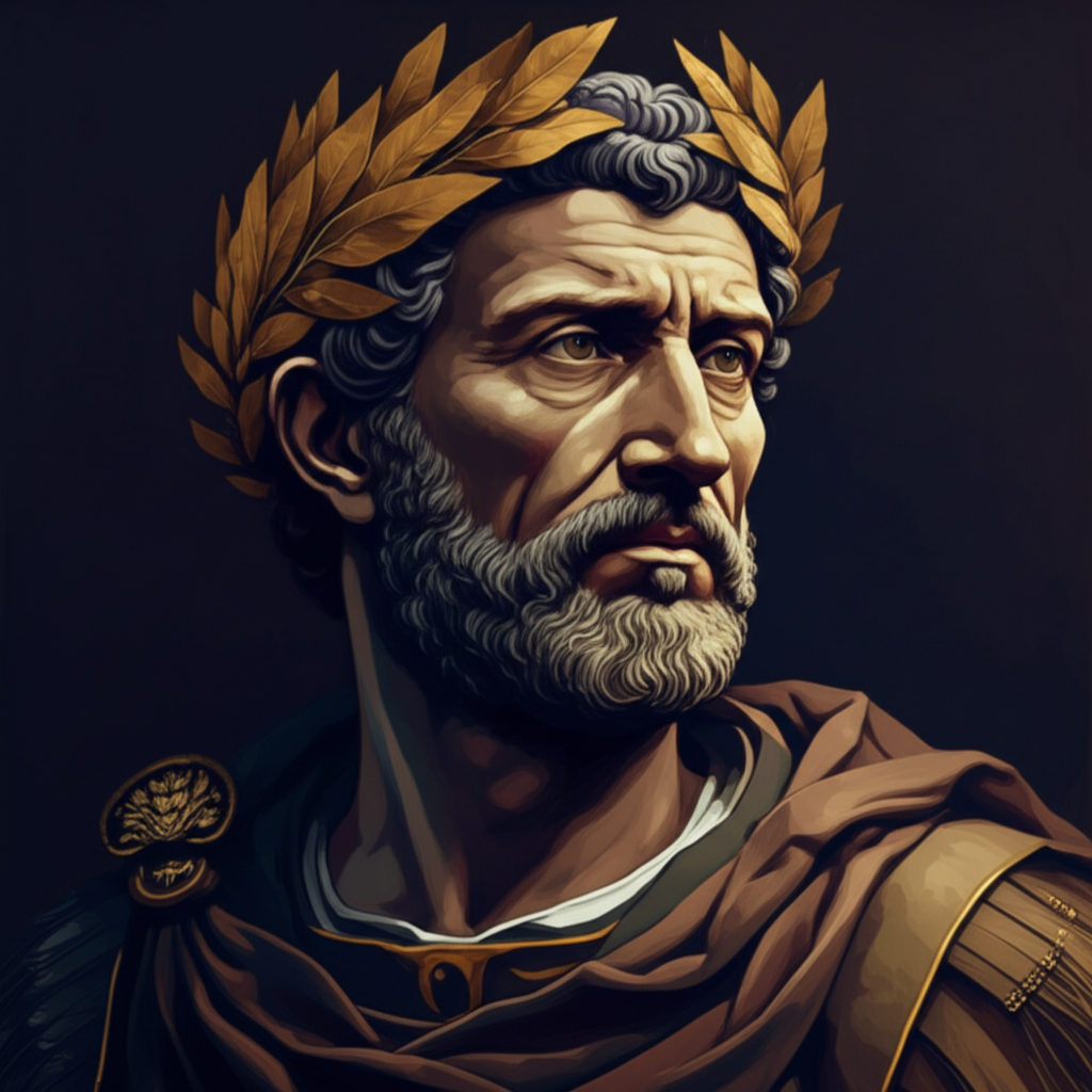 Busto de Marco Aurelio, emperador romano y fil&oacute;sofo estoico, con fondo oscuro evocando su legado filos&oacute;fico