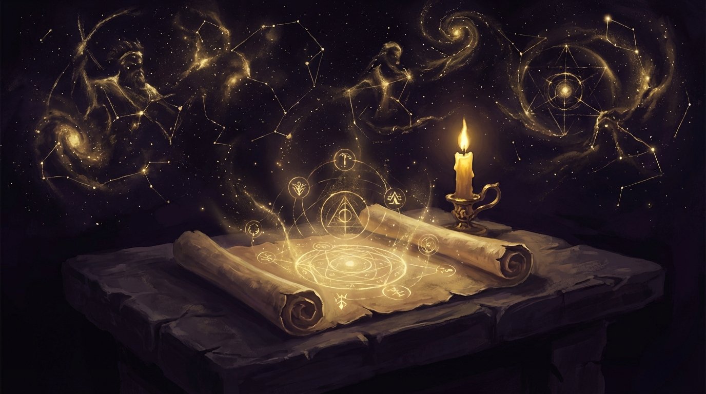 Pergamino antiguo iluminado por una vela dorada representando los principios estoicos