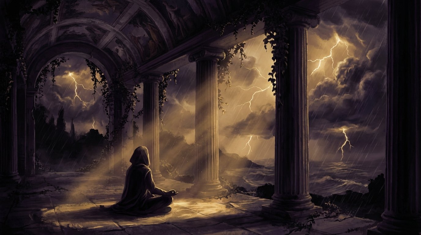 Filósofo estoico meditando en un pórtico griego antiguo con luz dorada