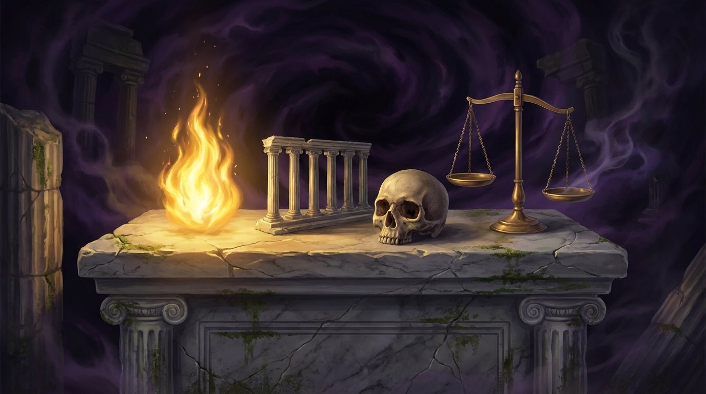 Altar con símbolos del estoicismo iluminados por luz dorada