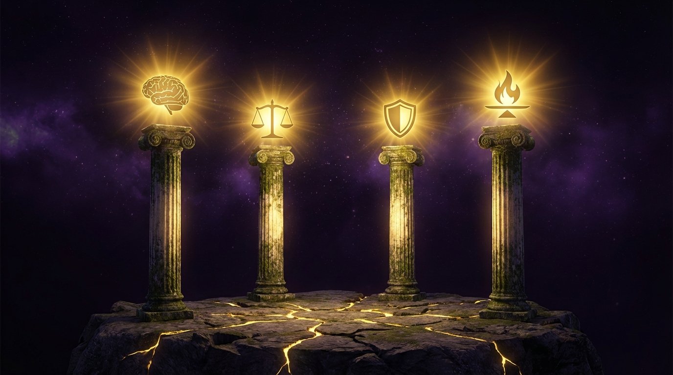 Cuatro pilares griegos iluminados con símbolos dorados de las virtudes estoicas