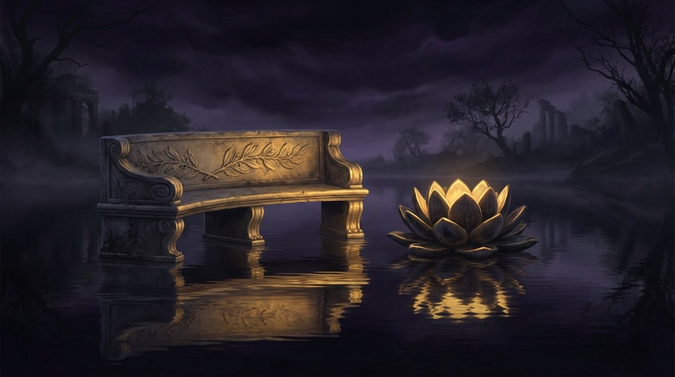 Asiento de meditación griego y flor de loto budista sobre agua iluminada