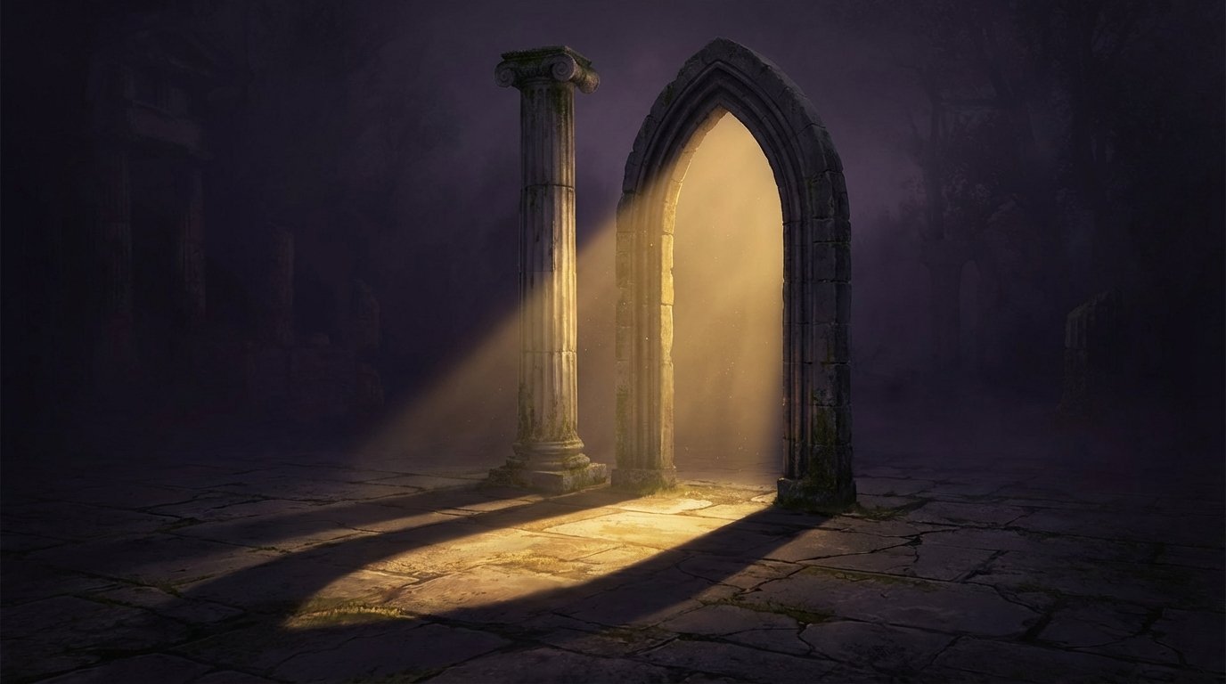Columna griega y arco gótico unidos por luz dorada