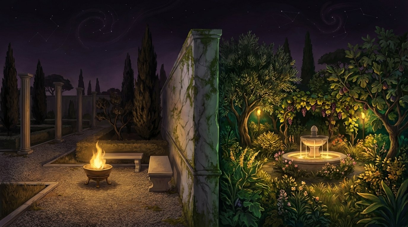 Dos jardines griegos contrastando estoicismo y epicureísmo