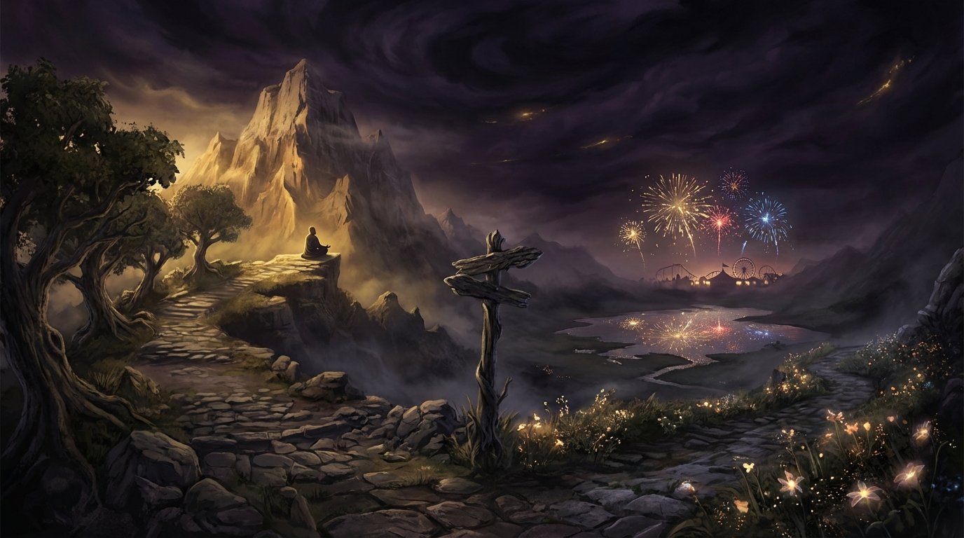 Encrucijada entre el camino estoico hacia la montaña y el camino hedonista