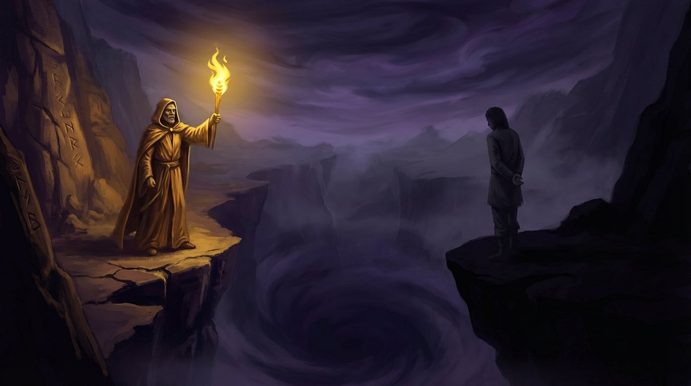 Dos figuras frente a un abismo una con antorcha dorada y otra en sombras